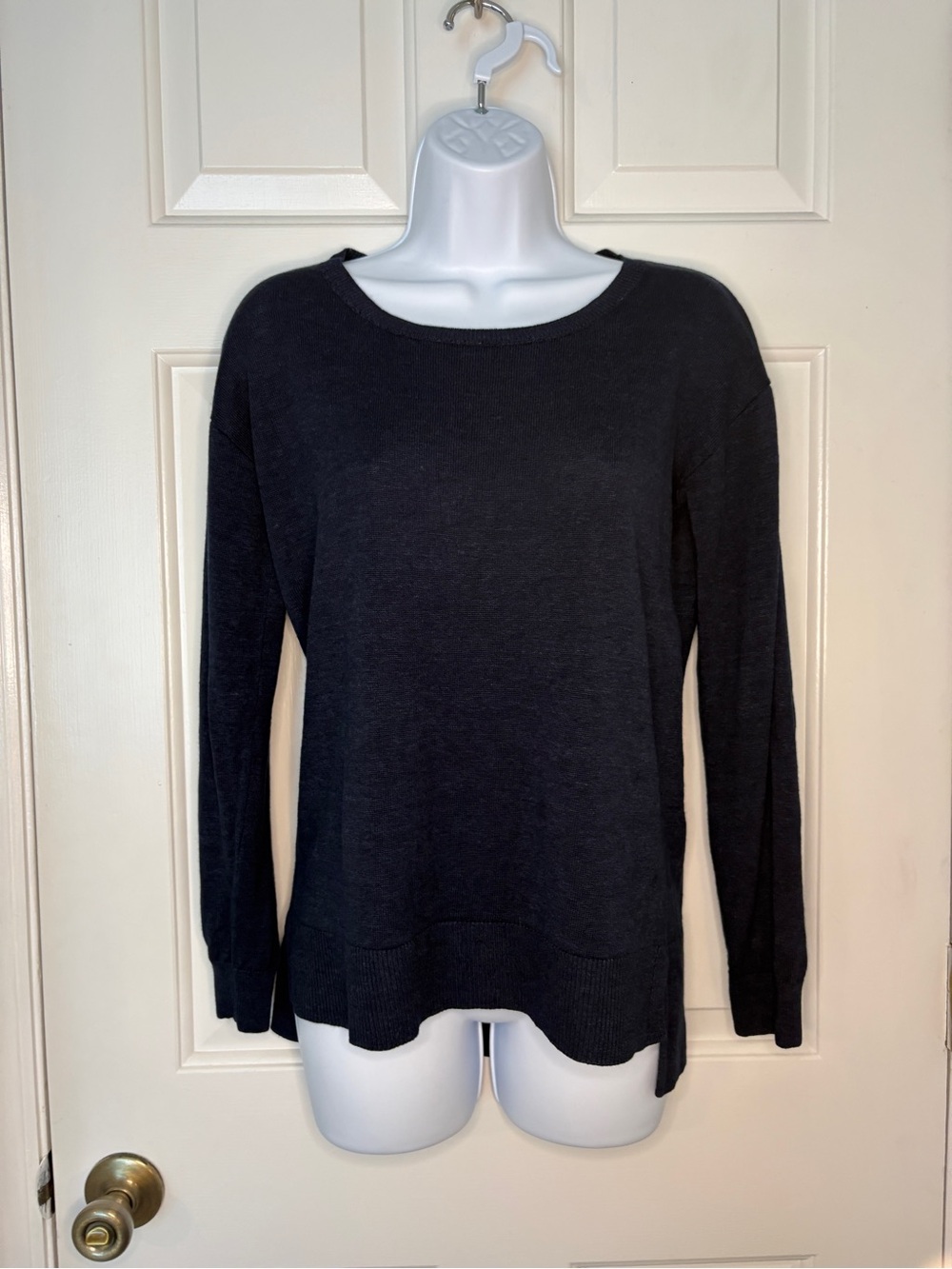 Barneys New York Navy Crewneck Knit Sheer Top Bamboo Linen Blend Summer Sweater